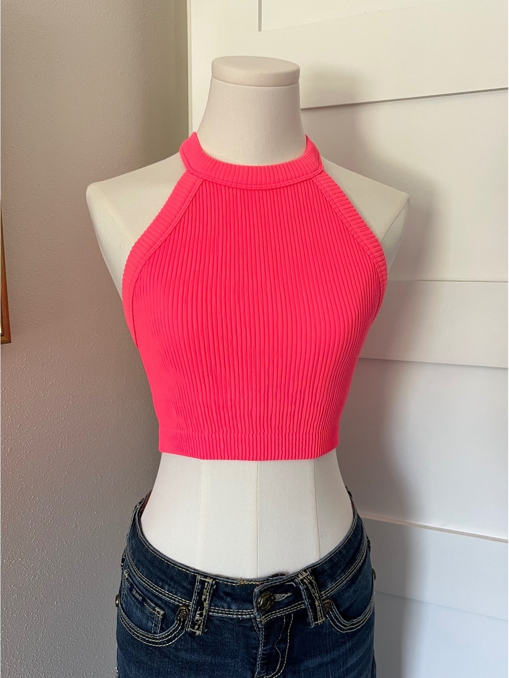 Aerie REAL GOOD Neon Pink Ribbed Halter Crop Top